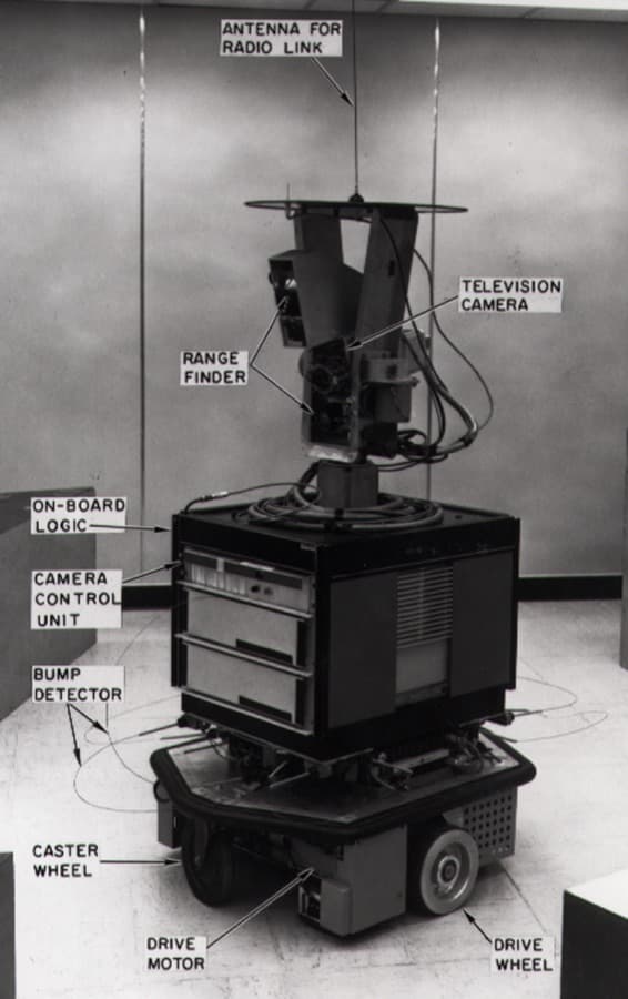 History of AI agents: Shakey the robot at SRI International with its cameras, range finder, bump detector, and drive motors labelled