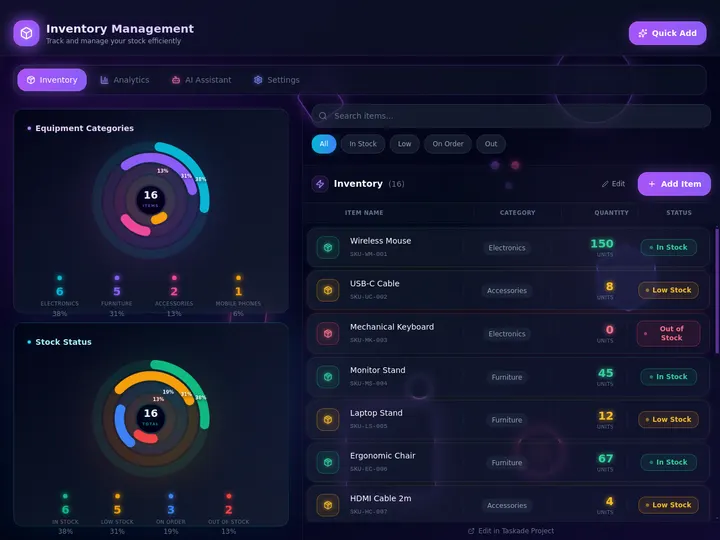 9 best AI inventory management software of 2026 — clone a live inventory dashboard app in Taskade Genesis that tracks stock, SKUs, and reorder points with low-stock automations