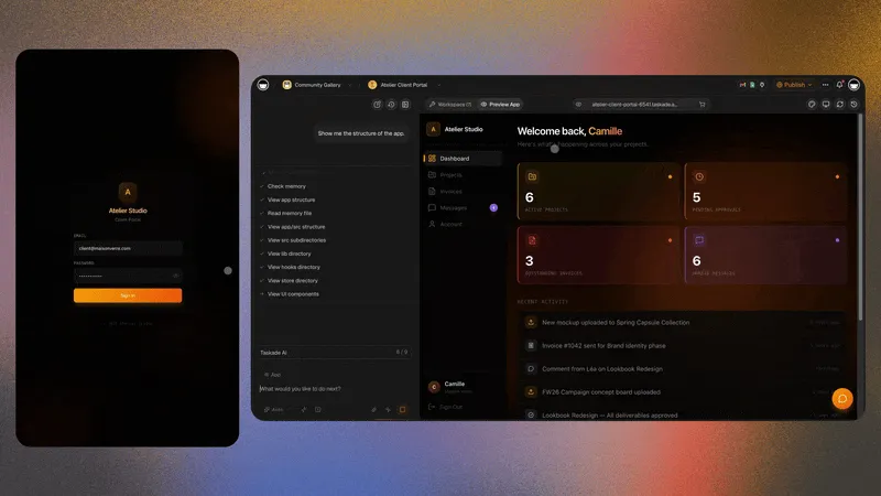 A live freelance portfolio wired to a client portal and CRM in Taskade Genesis