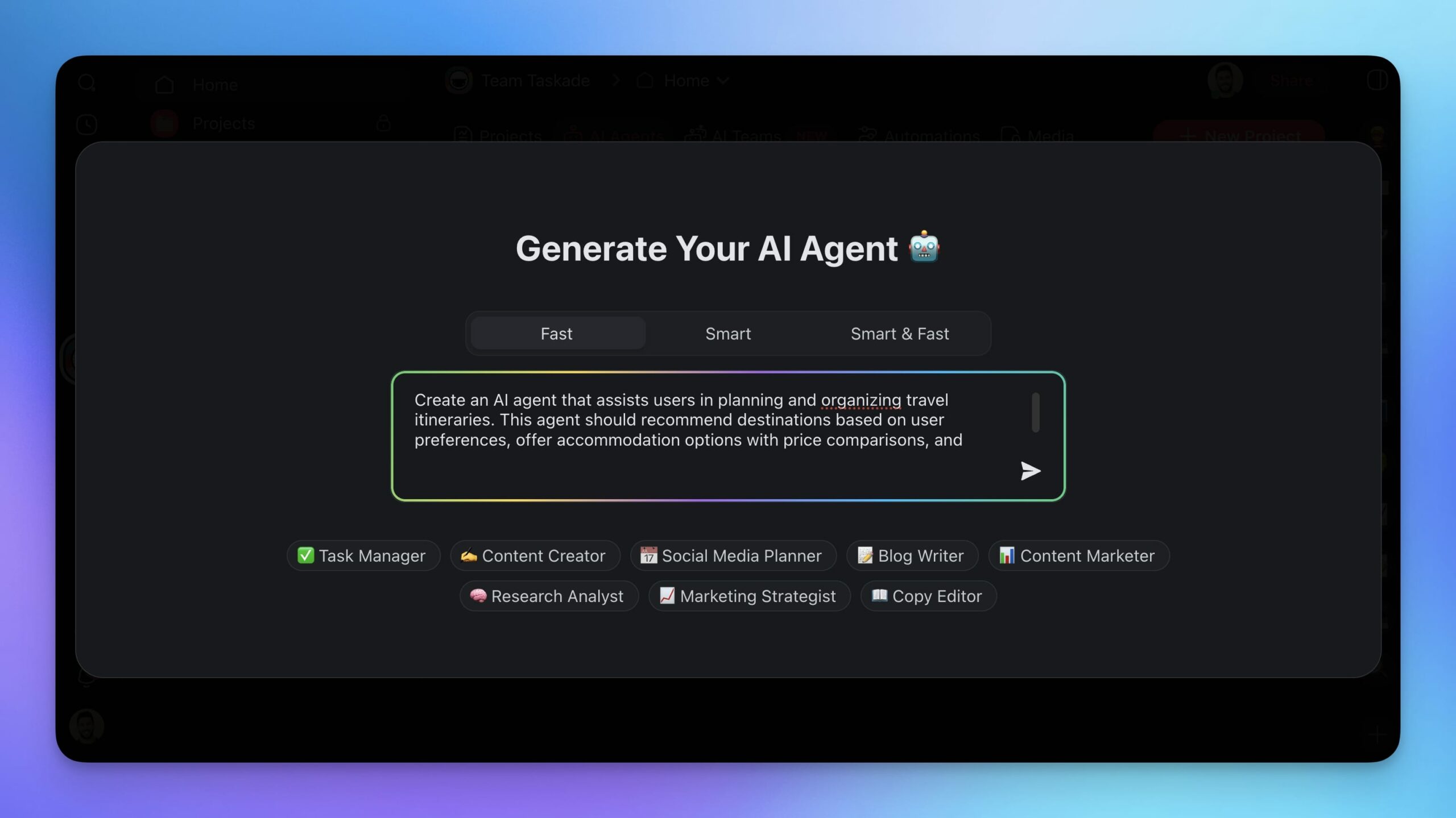 AI Agent Generator in Taskade.