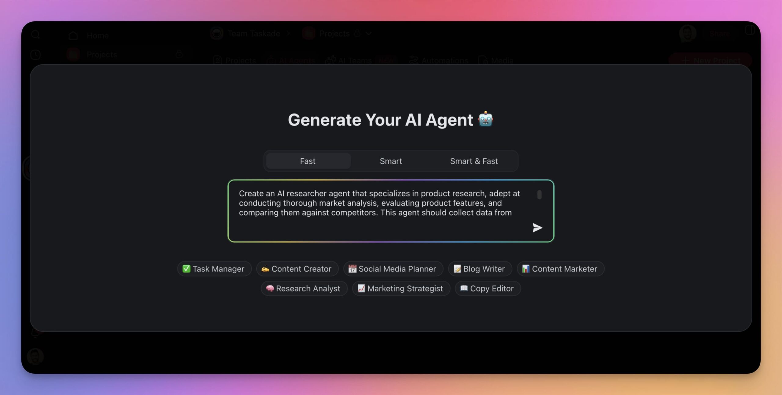 AI Agent Generator screen with a prompt in the center.