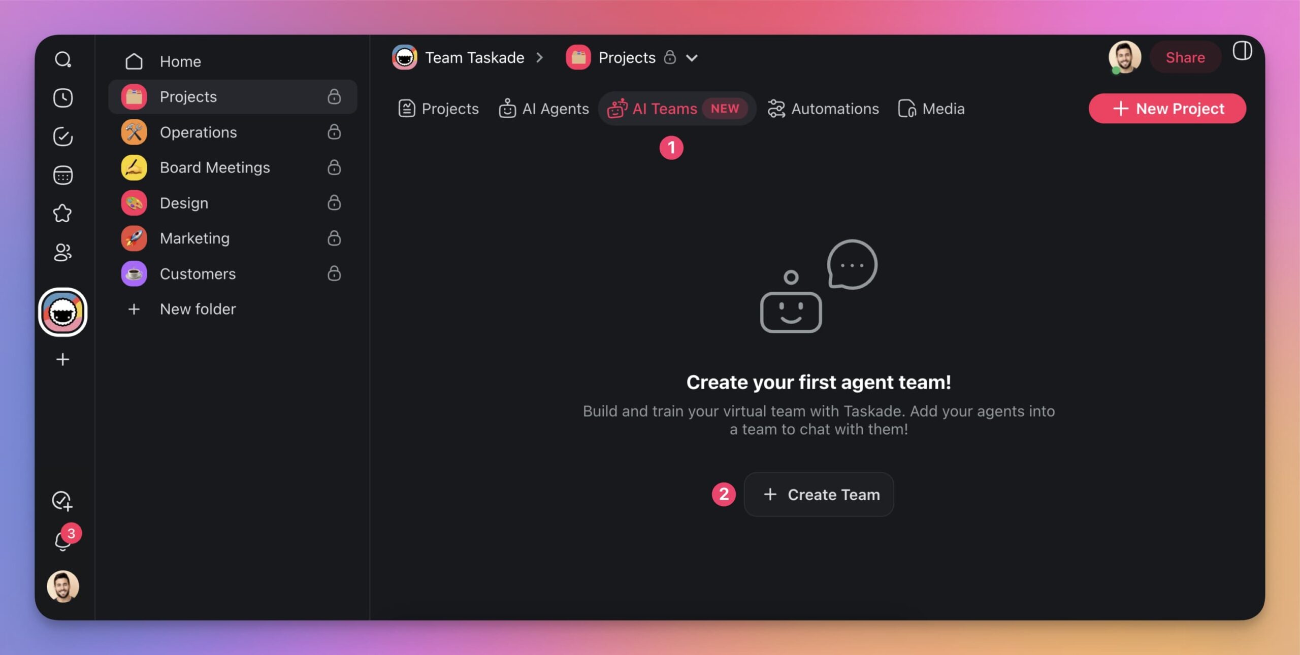 AI Teams dashboard inside a Taskade workspace.