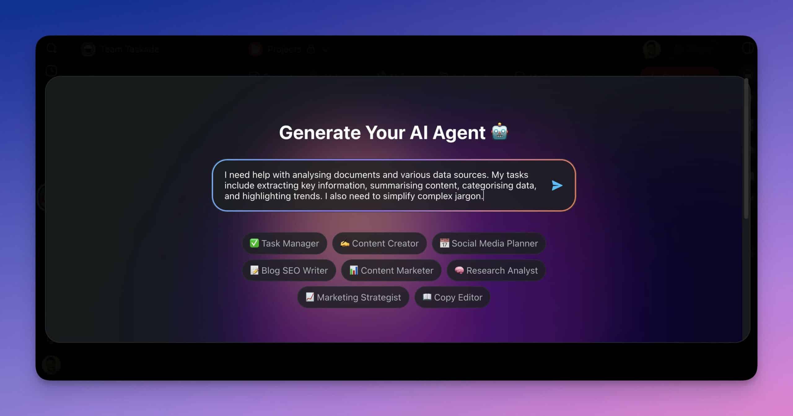 AI Agent generator interface.