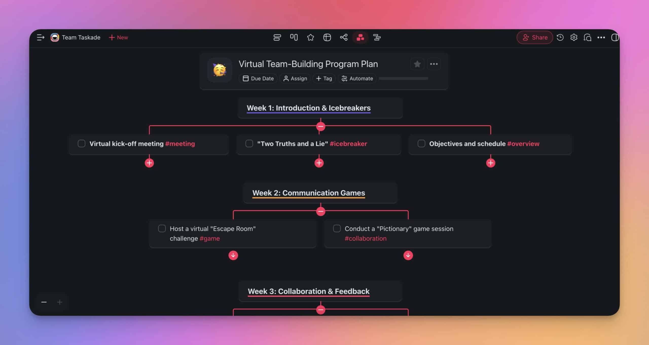 A virtual team-building program generated by Taskade AI.