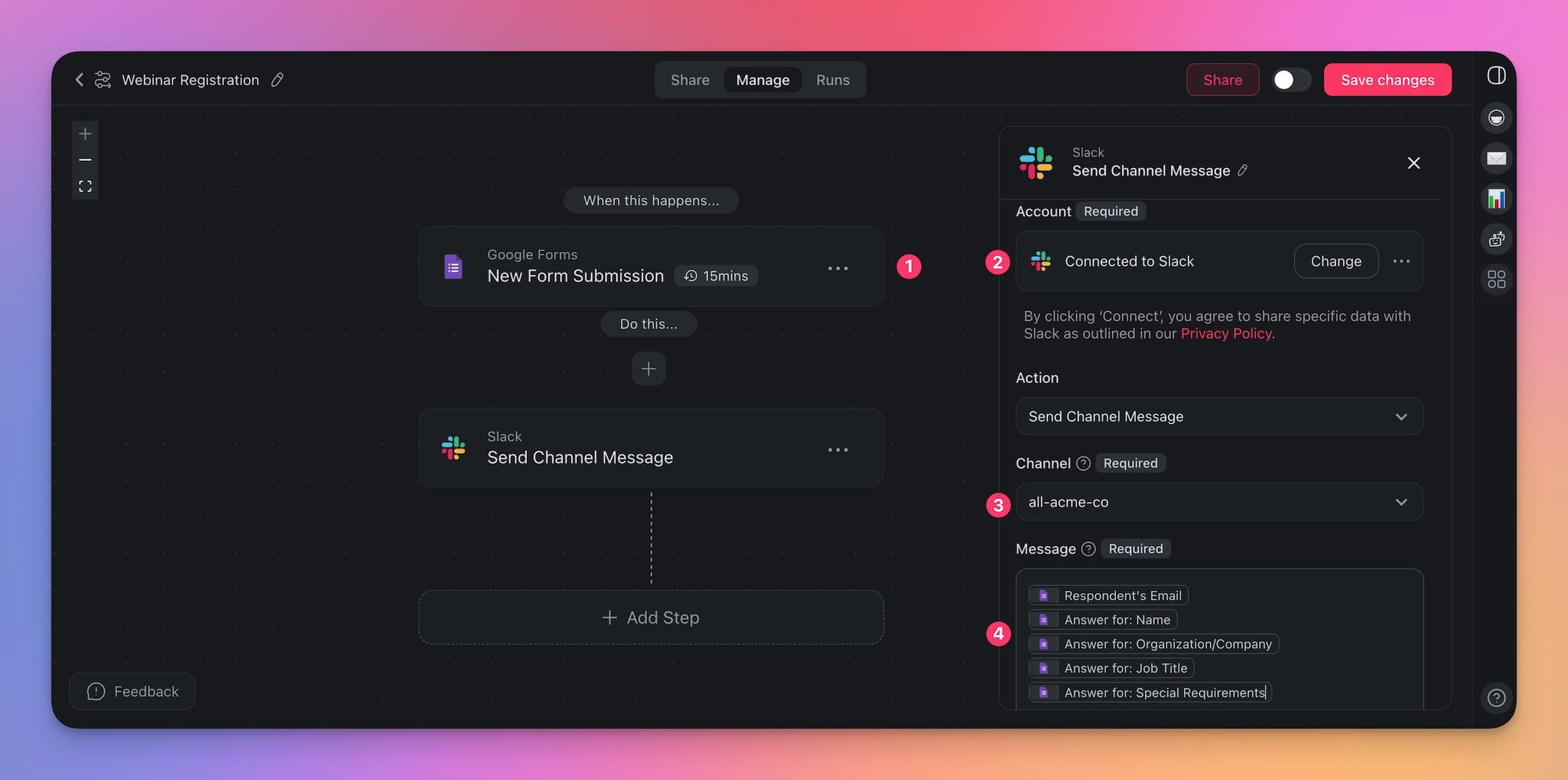 Slack integration settings in a Taskade automation.