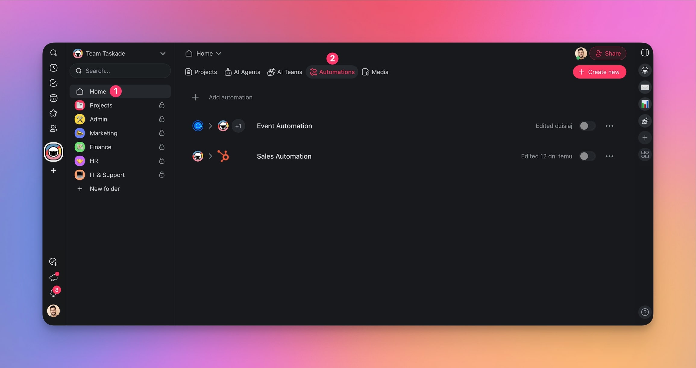 The Automations tab in Taskade.
