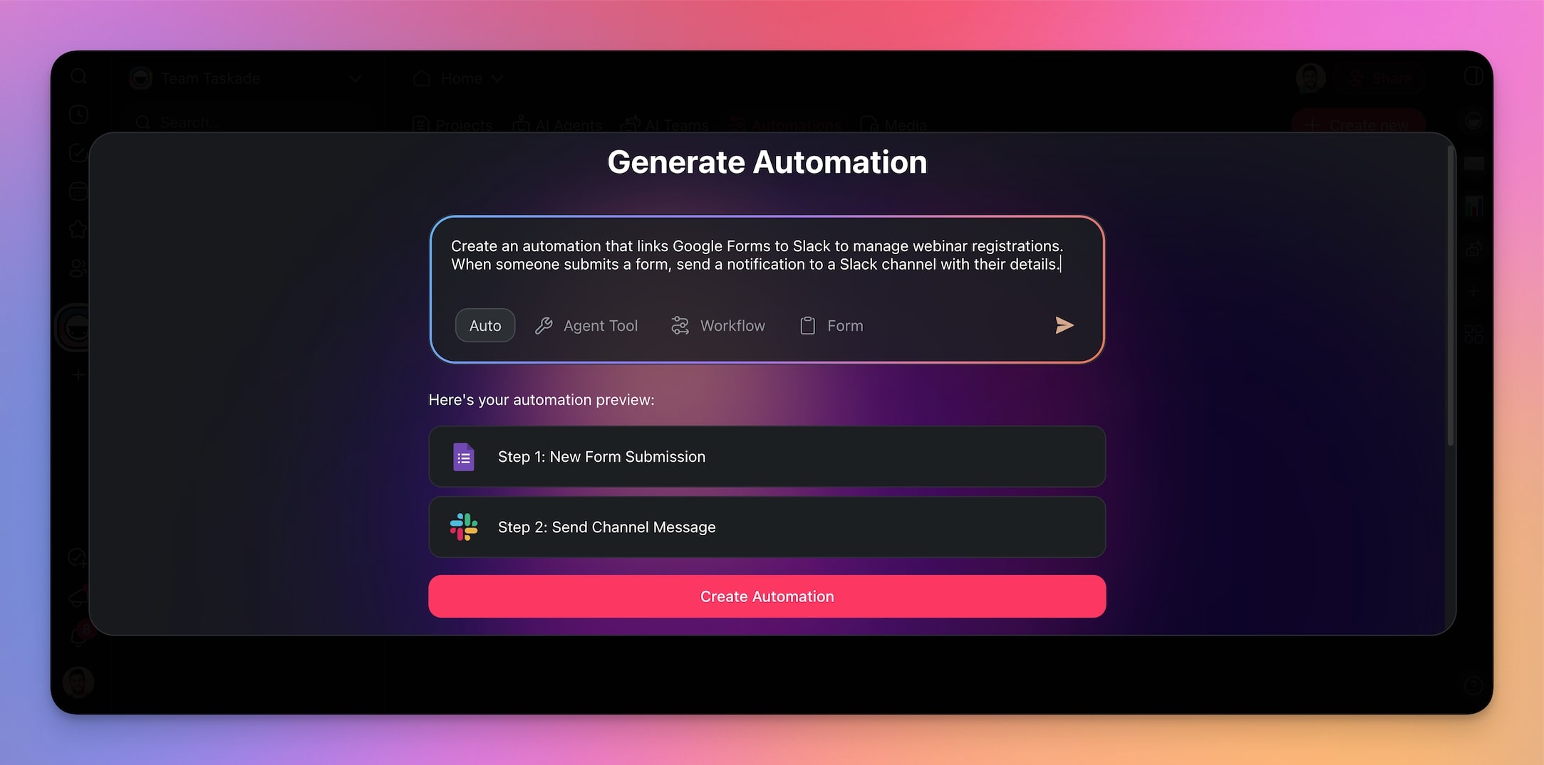 A webinar registration automation created using Taskade.