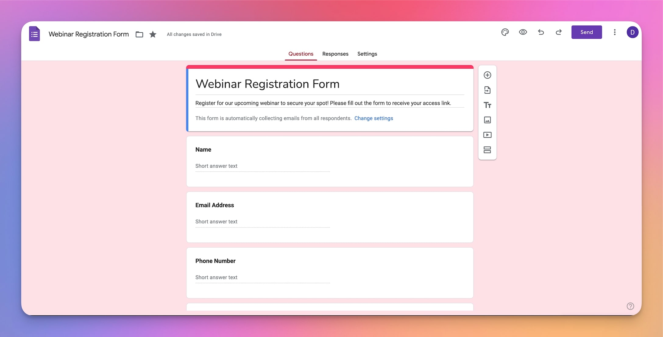 A mock webinar registration form created using Google Forms.