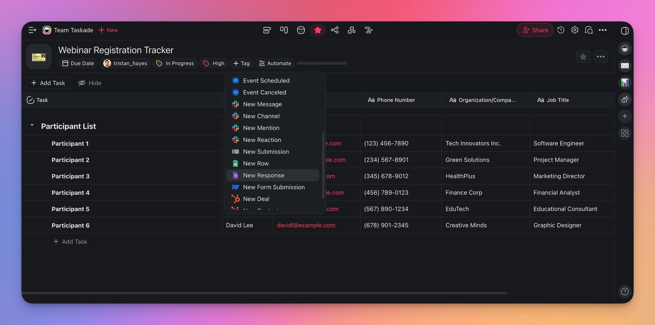 A webinar registration tracker created using Taskade's Table view.