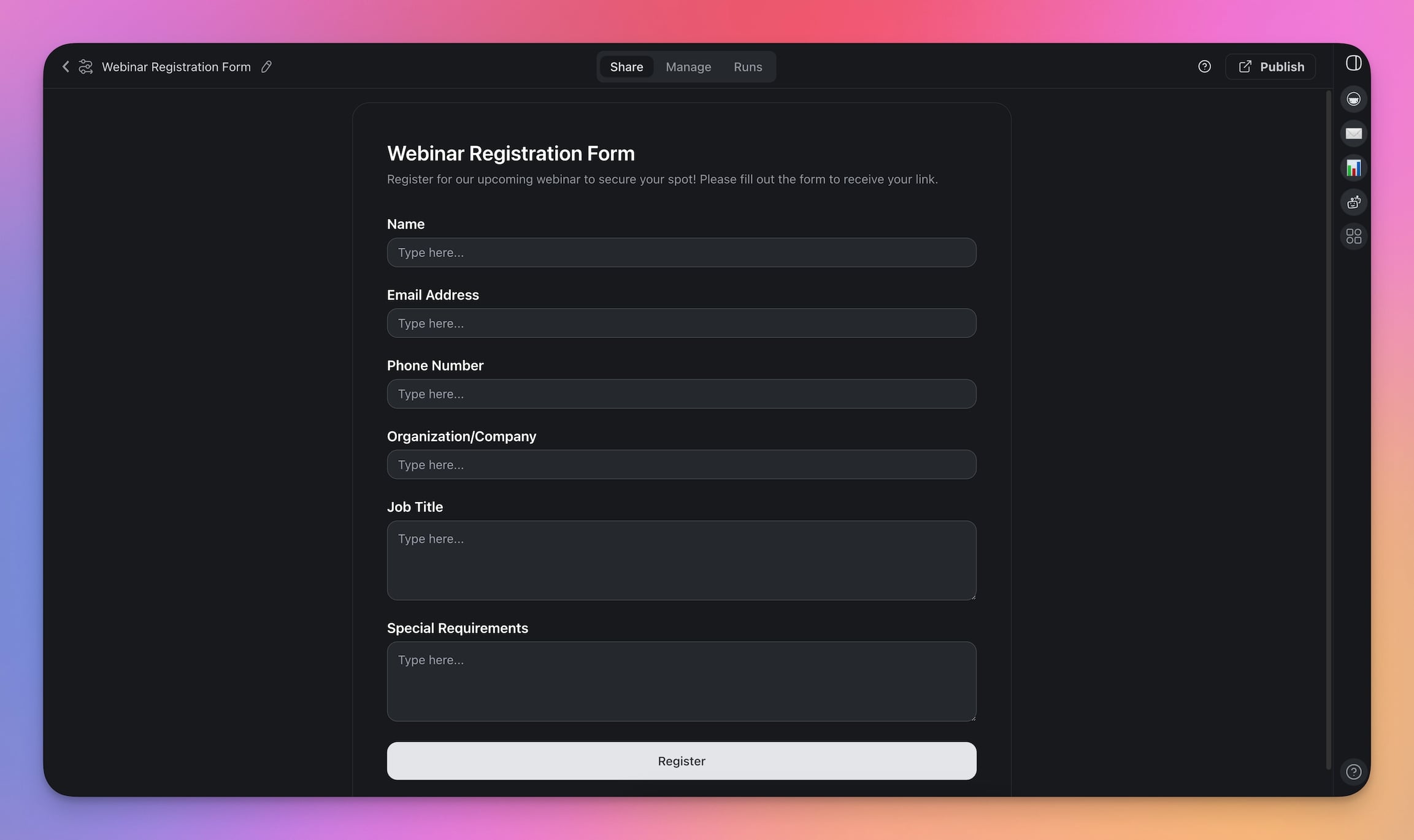 A webinar registration form created using Taskade's Form trigger.