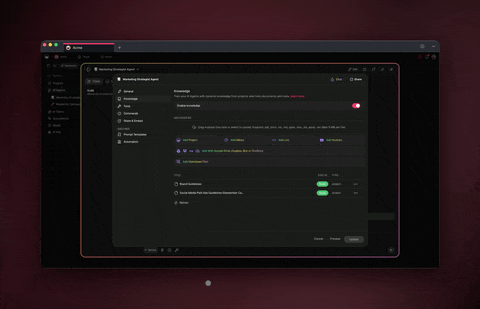 Taskade Genesis AI agent knowledge upload — connect documentation, past tickets, and product specs to your support agent