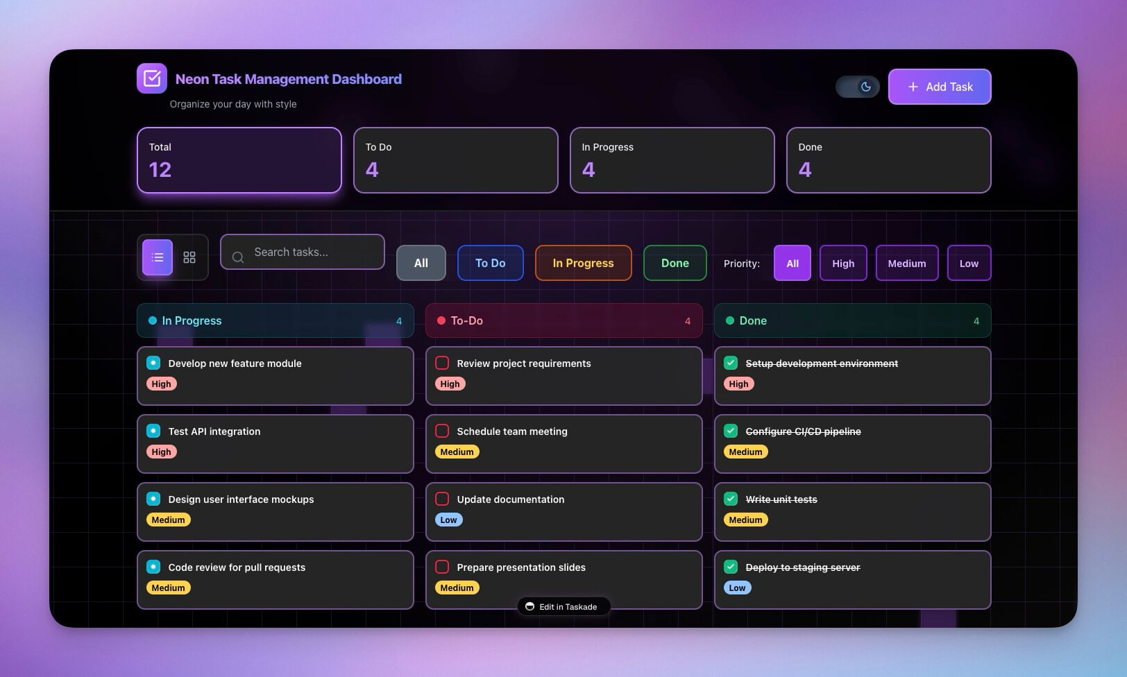 Neon Task Management Dashboard