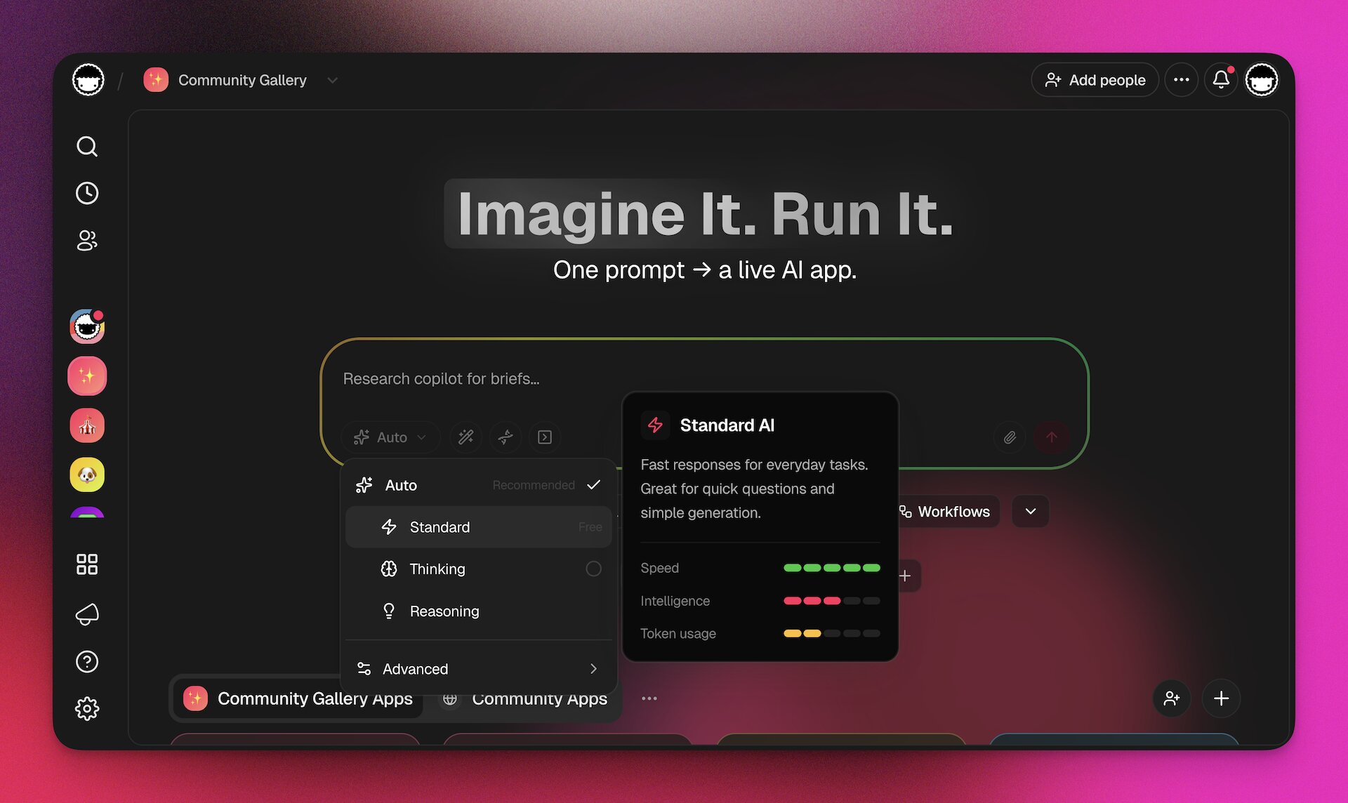 Taskade Genesis — one prompt to a live AI app, with model selector and Community Gallery