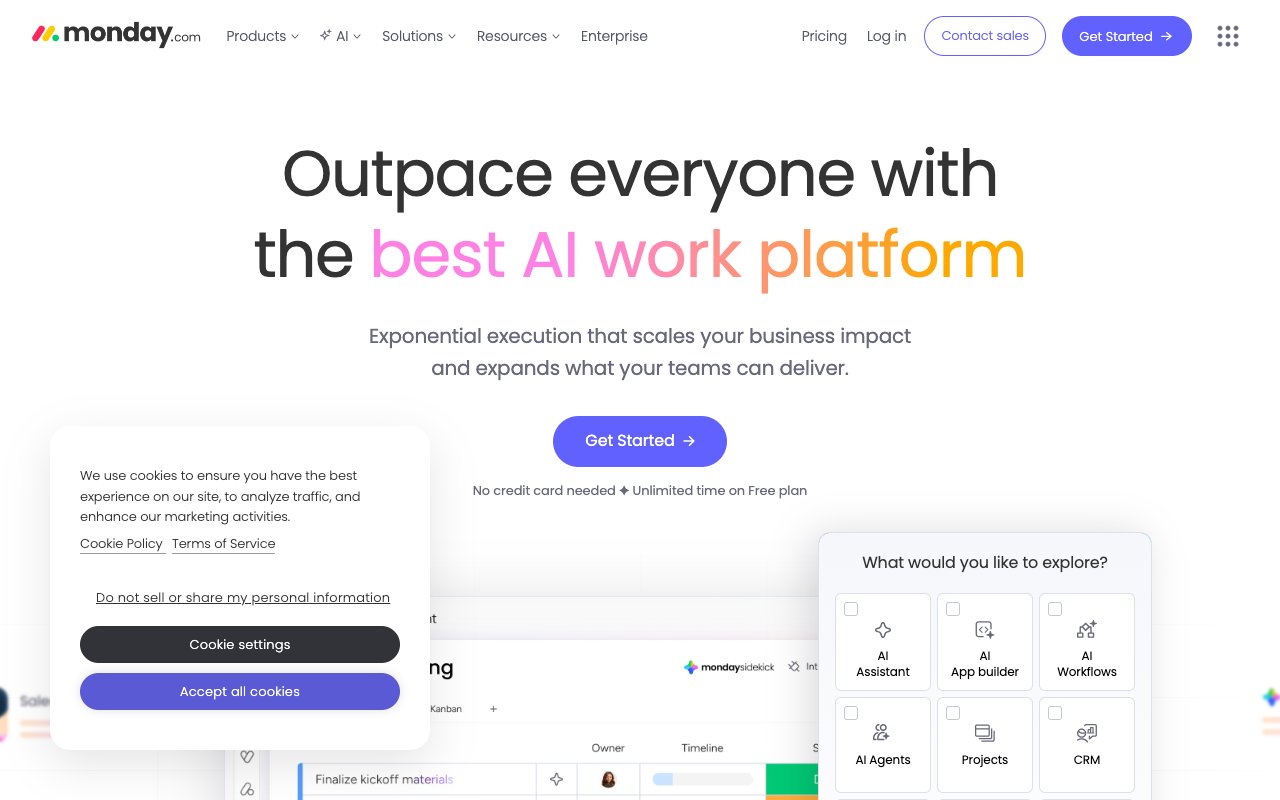 Monday.com project management interface with AI features