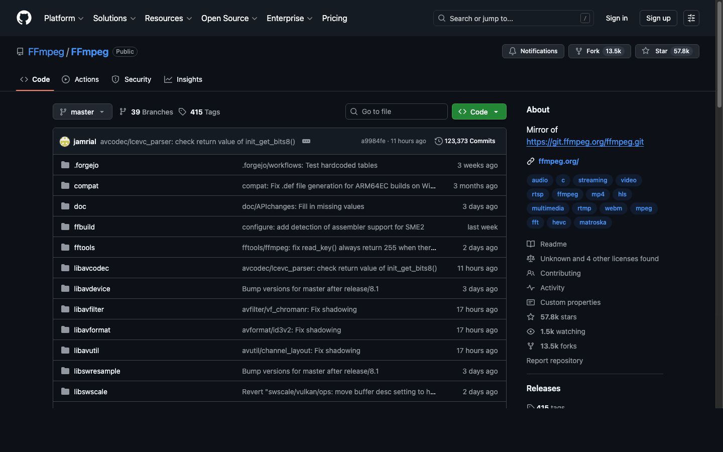 FFmpeg GitHub repository — over 57,700 stars, 1.5 million lines of code, maintained primarily by volunteers.