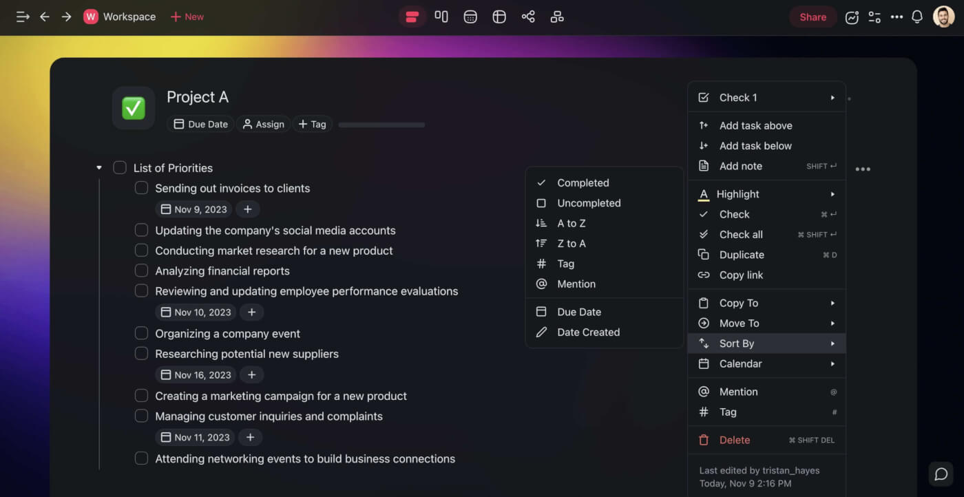 Task sorting options in Taskade.