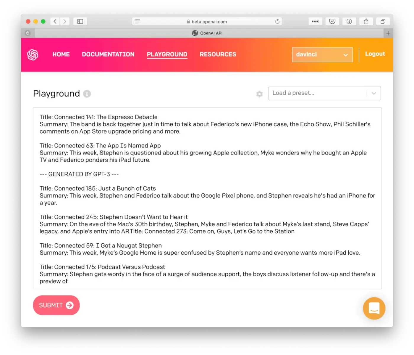 GPT-3 Playground user interface.