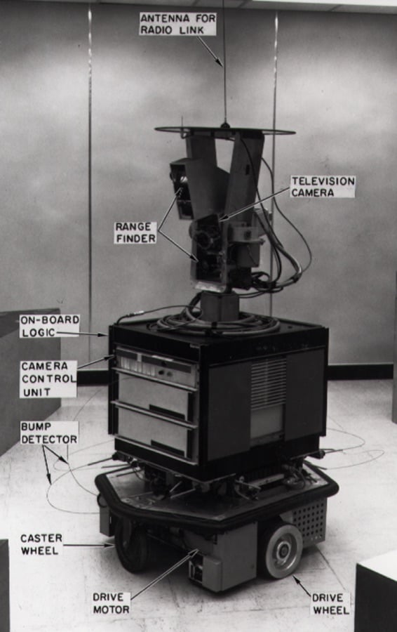 Shakey the robot at SRI International, with its television camera, range finder, bump detector, on-board logic and drive motors labelled