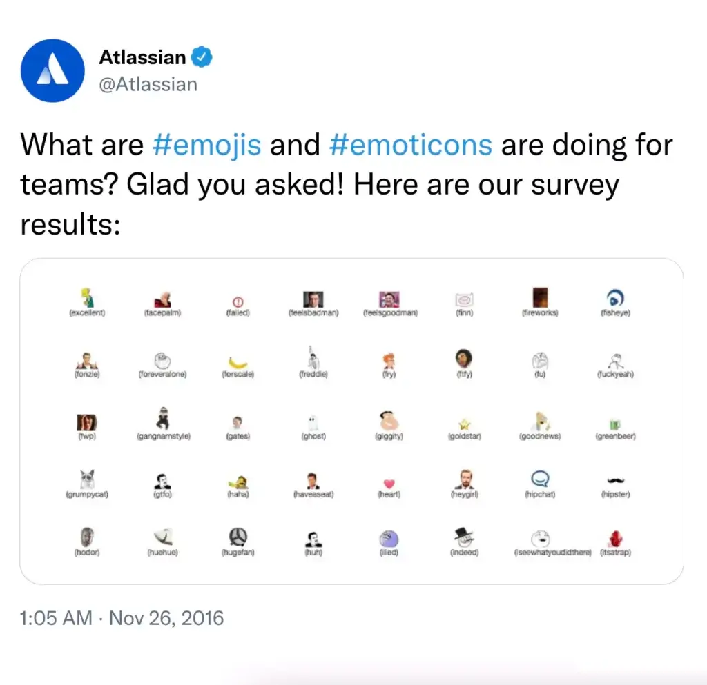 Atlassian tweet with HipChat emojis and emoticons.
