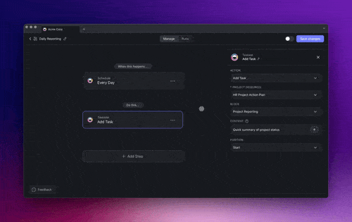 Taskade automation workflow with triggers and actions.
