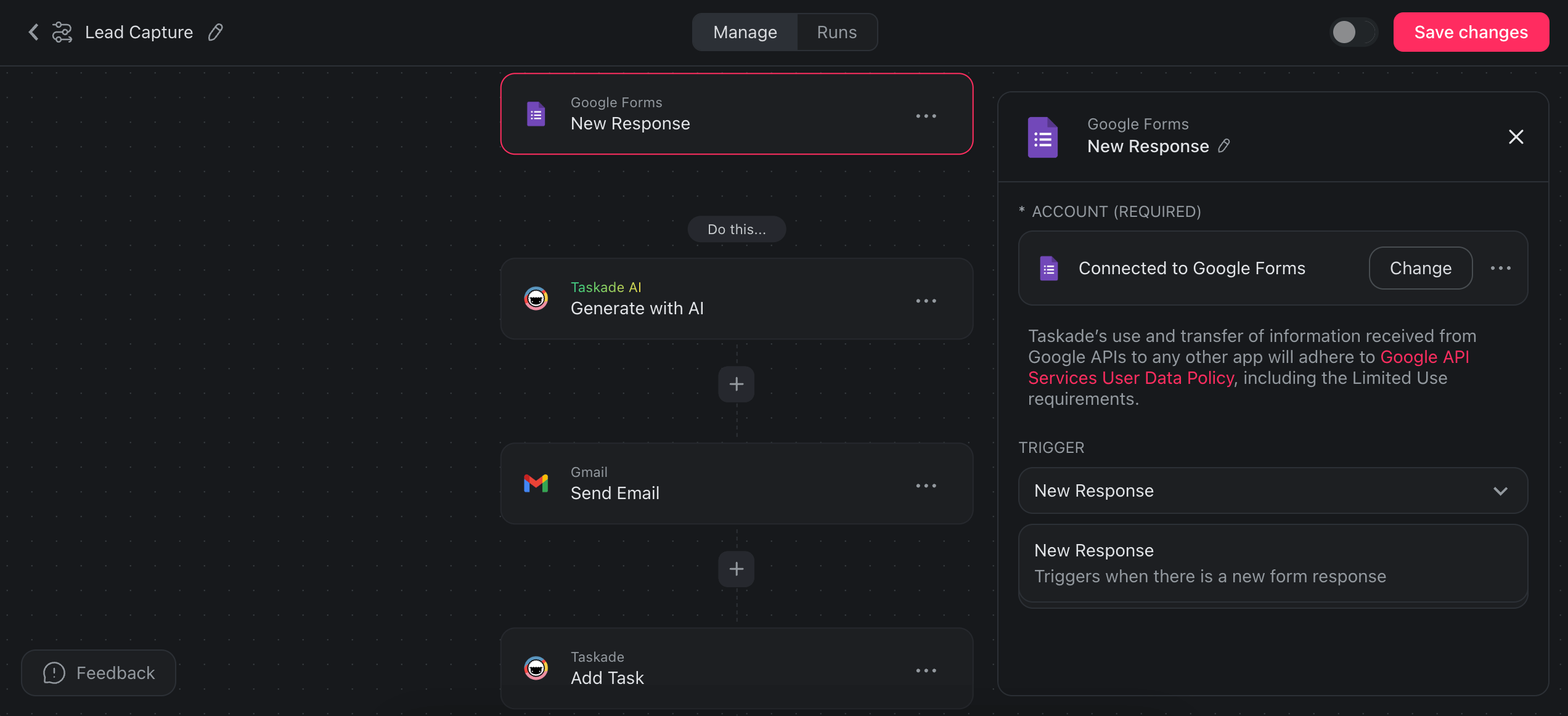 An email automation flow that captures Google Forms responses and generates personalized email messages for lead nurturing.