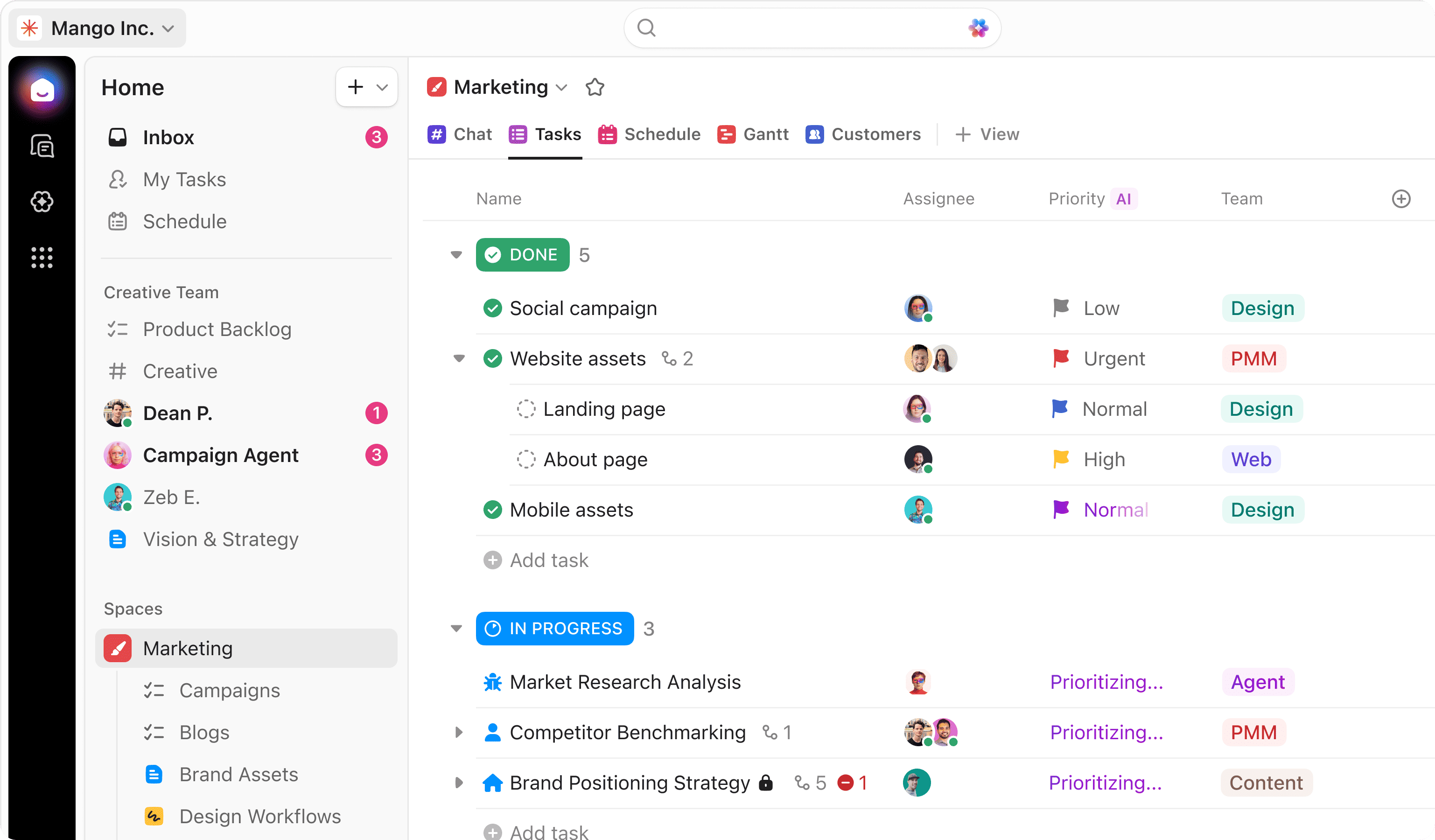 ClickUp product dashboard showing the all-in-one workspace