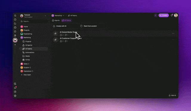 GIF showing an AI-generated Agent Team within a Taskade workspace. Each agent has a unique avatar and name.