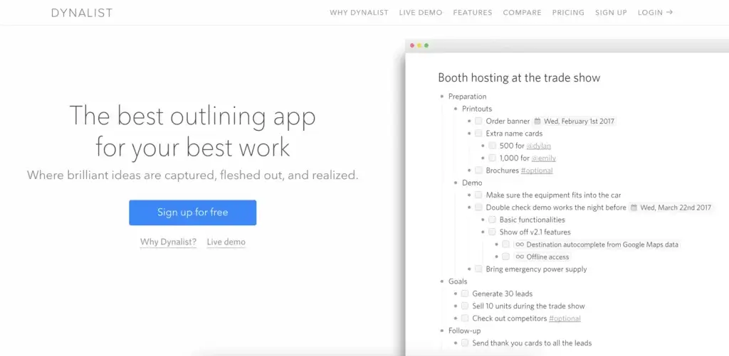 Dynalist user interface.