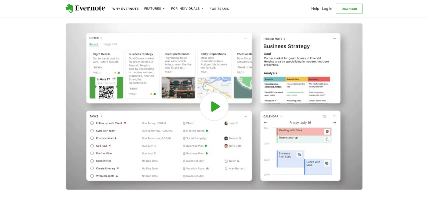 Evernote user interface.
