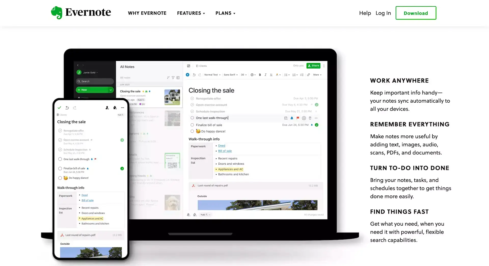 Evernote user interface.