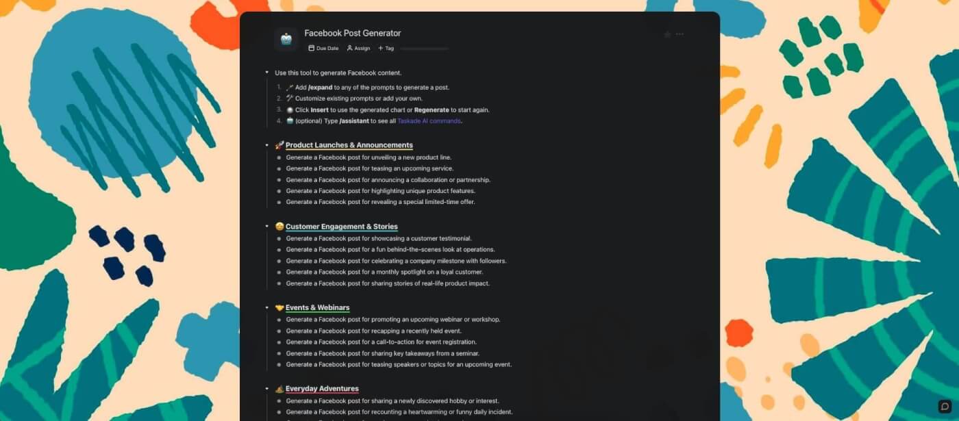 Facebook post generator in Taskade.
