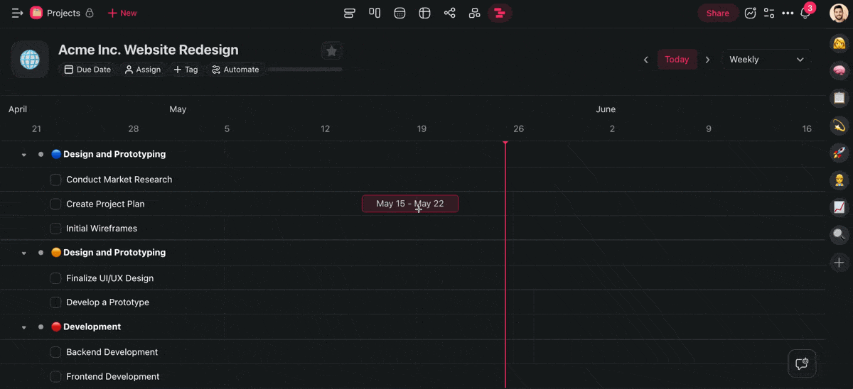Adding and adjusting date pills for individual tasks on a Gantt chart timeline.