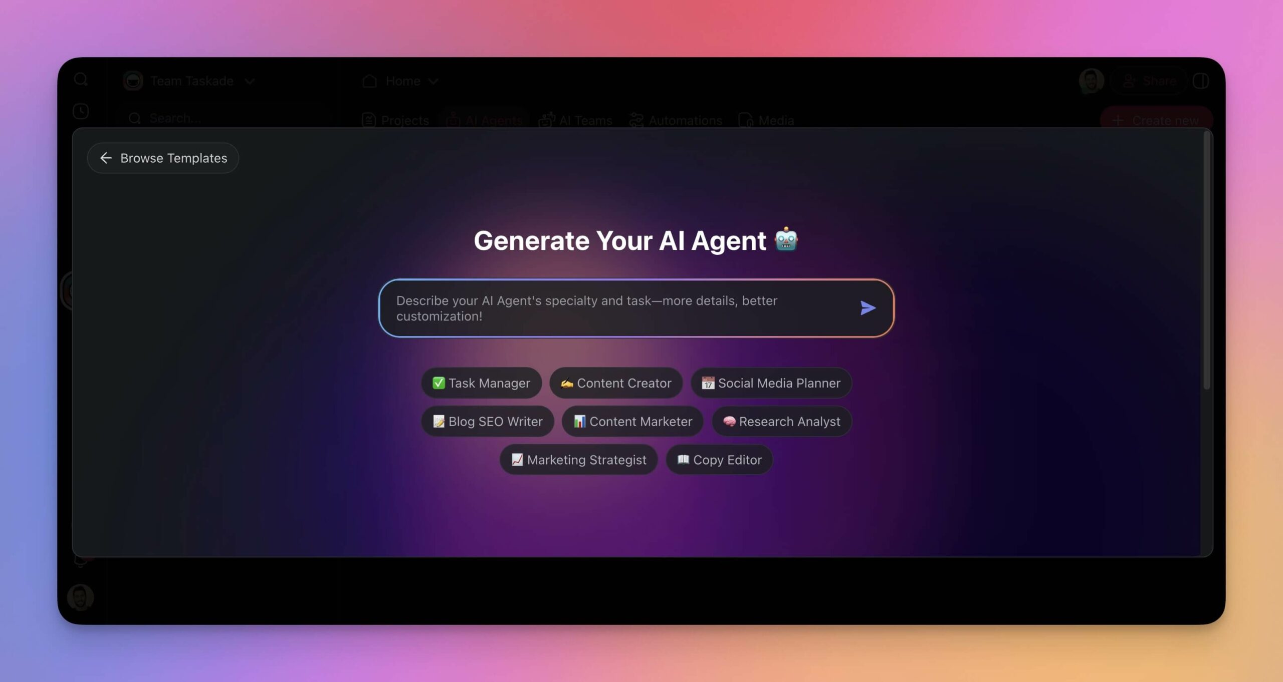 Agent generator in Taskade.