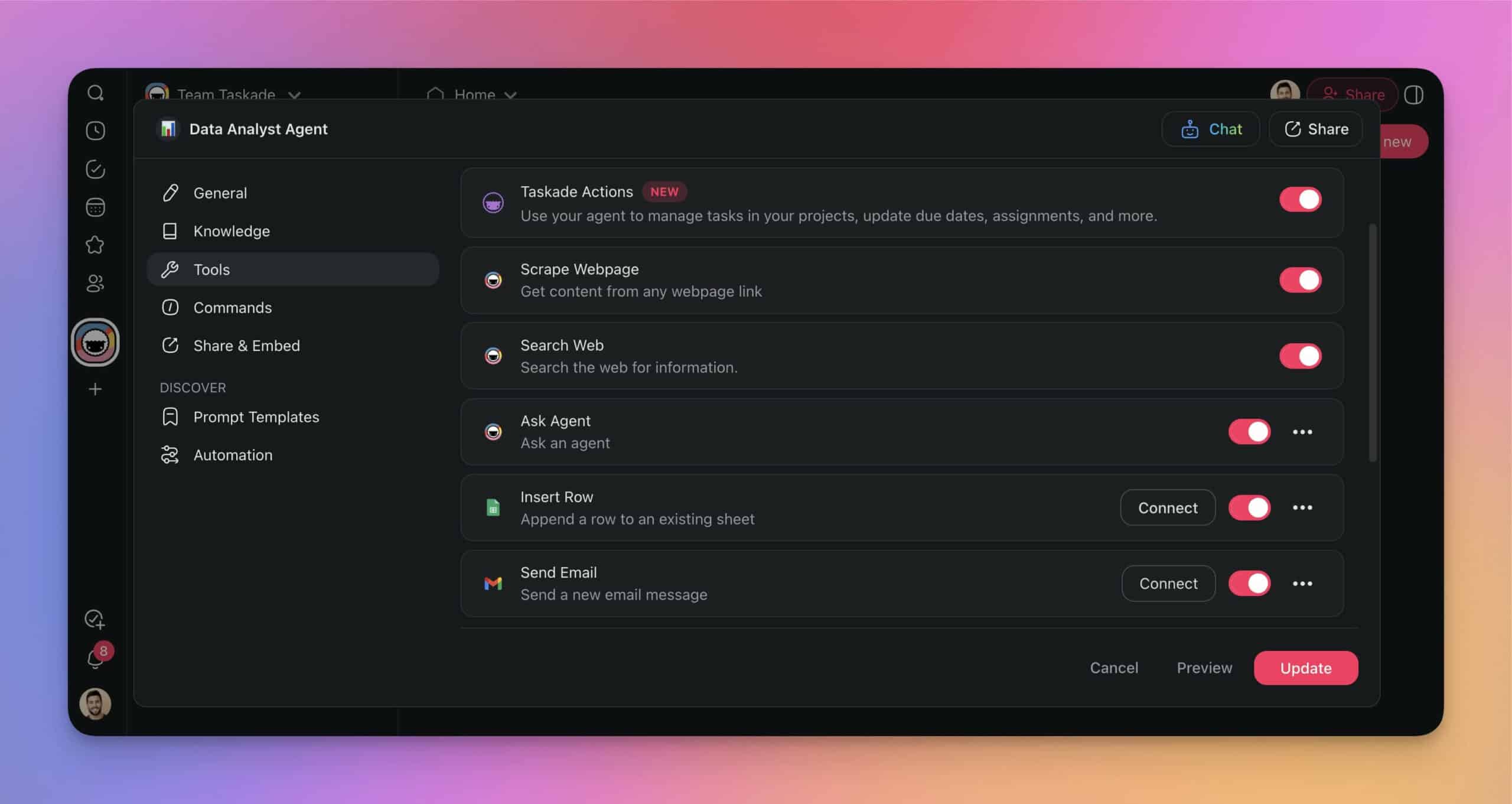 Agent tools configuration in Taskade.