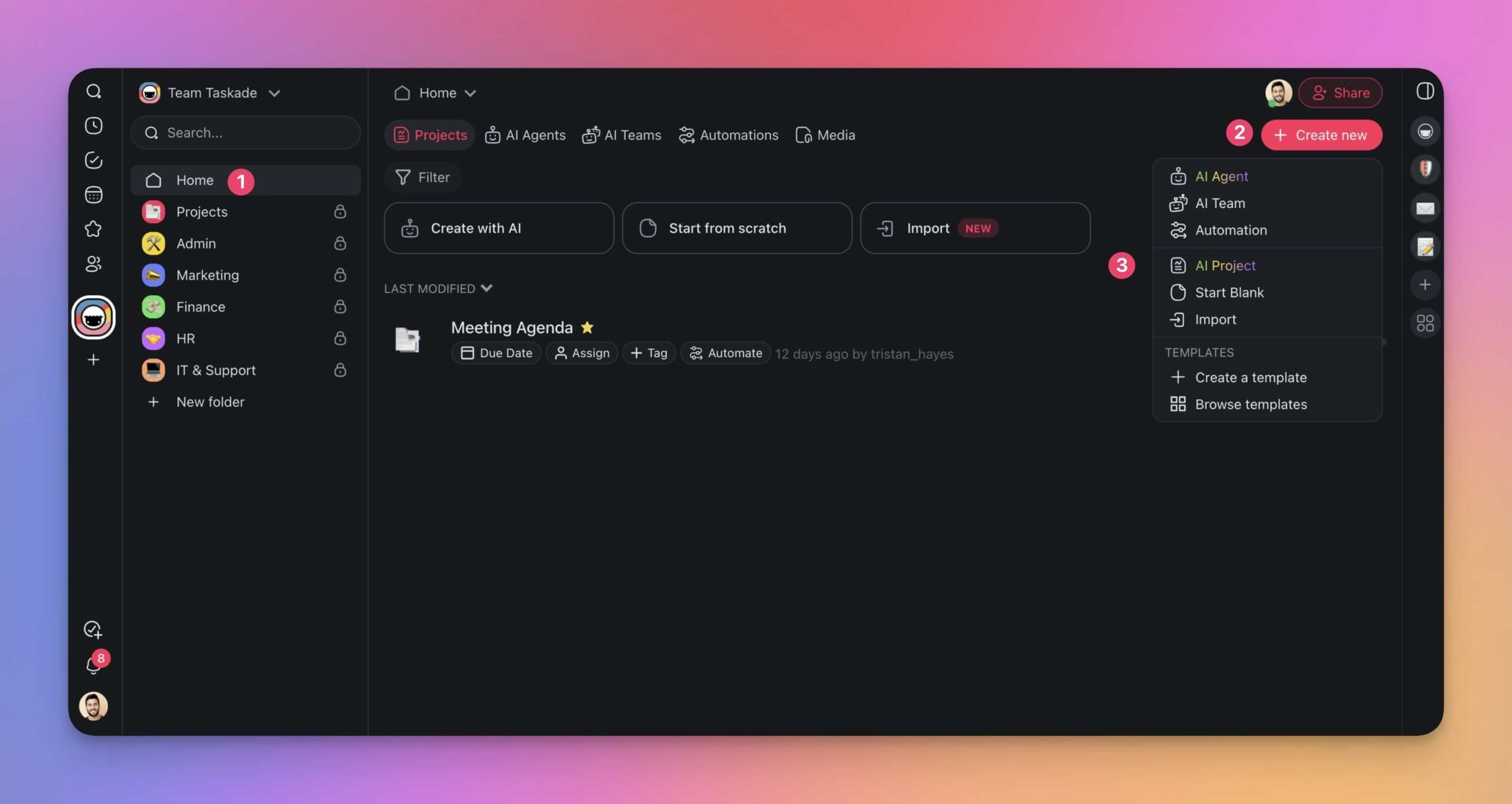 A Taskade workspace with a list of projects and a project creation drop-down menu.