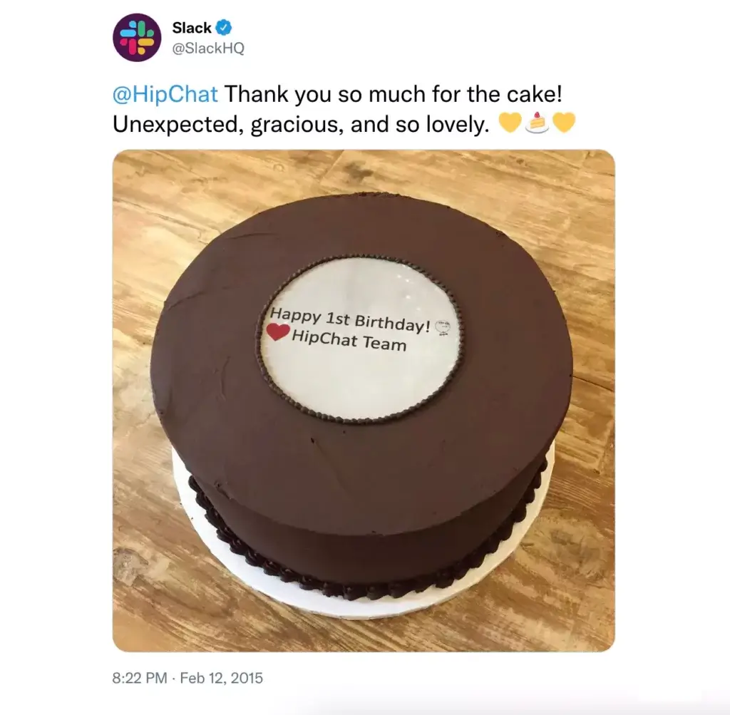 A birthday cake from HipChat to the Slack team.