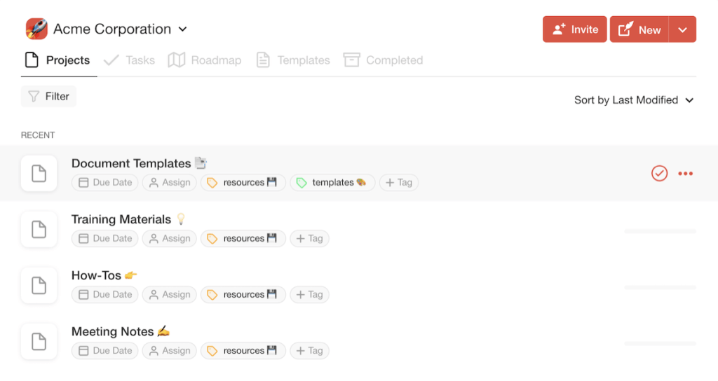 A simple knowledge sharing hub in Taskade.
Notice color-coded tags below each Project name.
