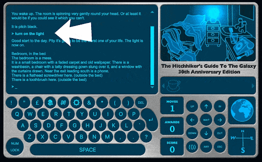 The Hitchhiker's Guide to the Galaxy text-based adventure game intro.