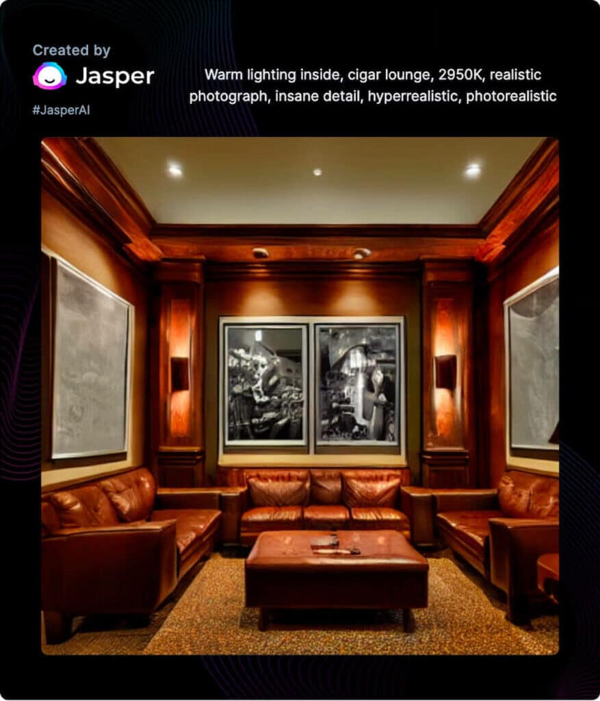 A realistic, AI-generated image of a cigar lounge illuminated by a warm inside lighting.