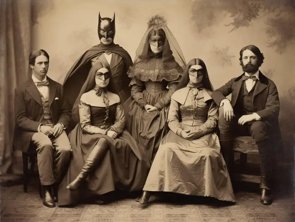 An AI-generated sepia photograph showcasing a group of people wearing superhero masks and 1800s clothing.