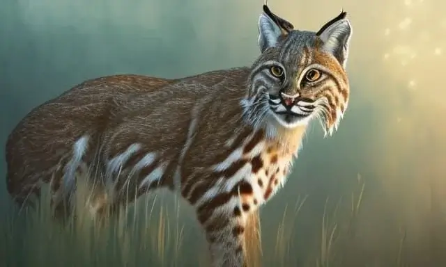 An AI-generated image of a bobcat, depicted from a side profile while standing in the grass and gazing at the viewer.