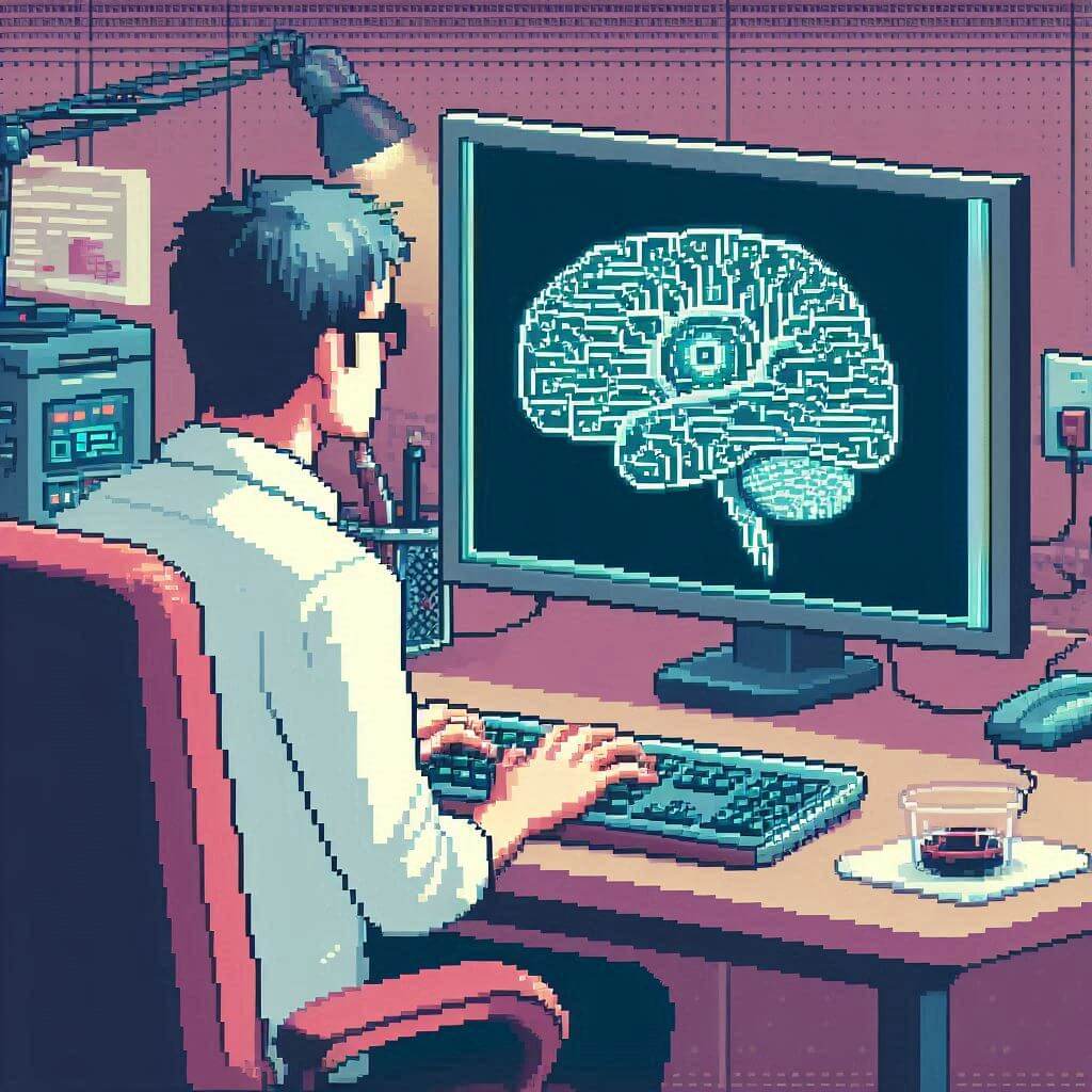 A man sitting at the top of a mountain in front of a computer, digital art by DALL-E 2.