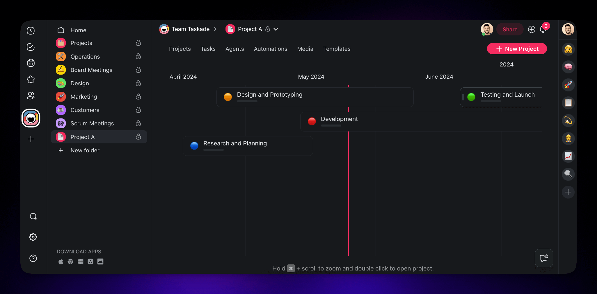 The Roadmap feature in Taskade with project phases visible on a timeline.