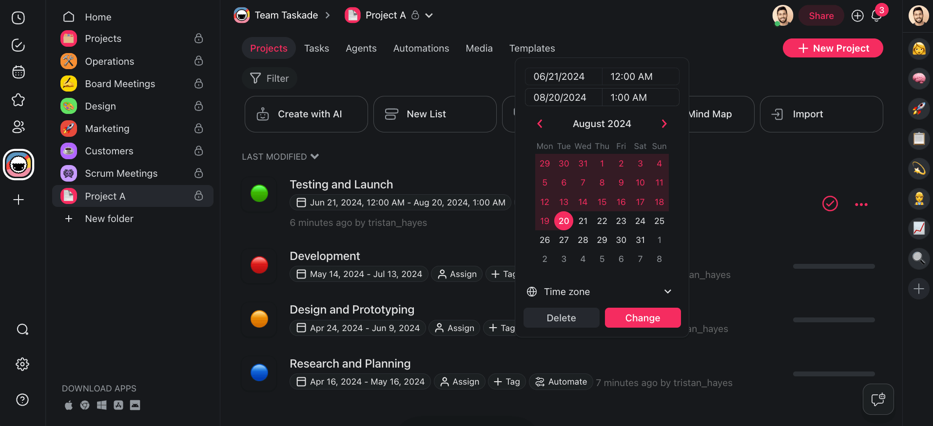 Projects representing project phases with assigned date ranges.