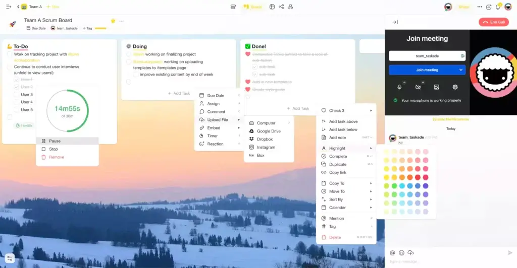 A scrum board in Taskade.