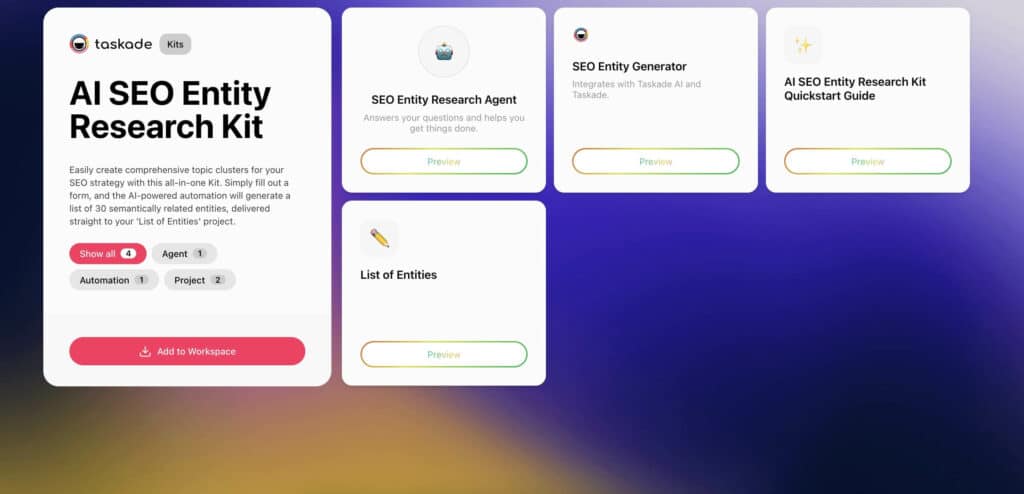 Screenshot of Taskade's AI SEO Entity Research Kit featuring entity list generation, semantic keyword clusters, and project workspace layout.