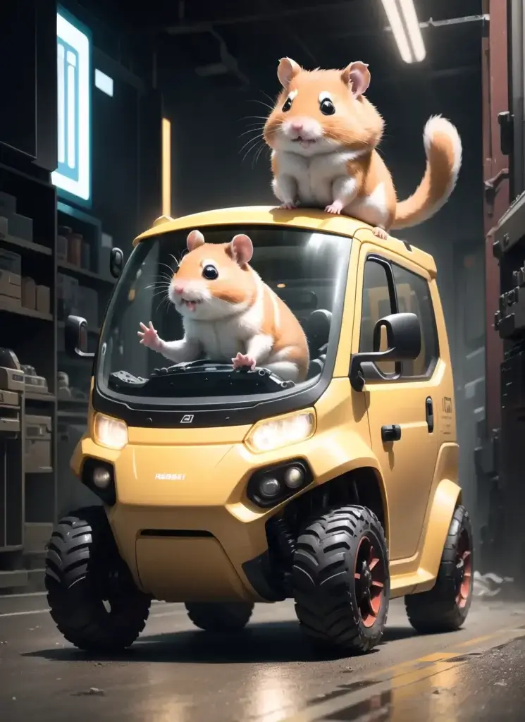An AI-generated image of two hamsters riding a futuristic car.