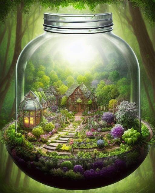 An AI-generated image of a tiny village in a glass jar.