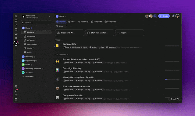 GIF showing Taskade Autopilot building a complete workspace from a single prompt, including projects, agents, and connected automation flows.
