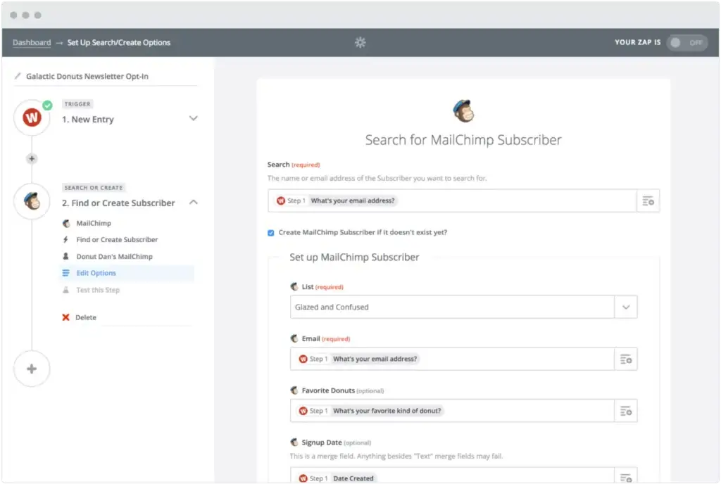 Zapier dashboard with MailChimp integration options.